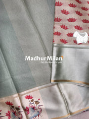 TORA SILK SATIN PRINTED BORDER SAREE DUSTY GREEN