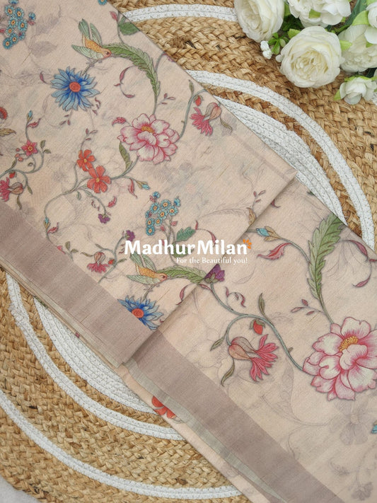 FLORAL DIGITAL SEMI TUSSER SILK SAREE ROSE BROWN