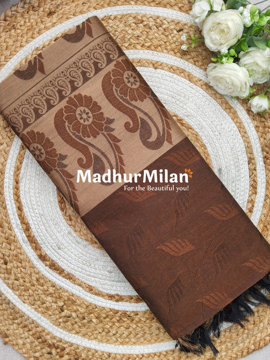 SUTI EMBOSE BORDER COTTON SAREE BROWN