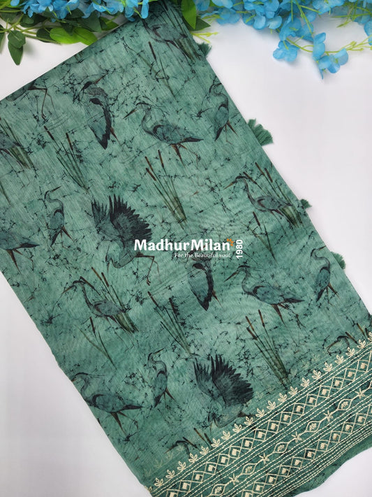 CHANDERI FLAMINGO EMBROIDERY WORK SAREE TEAL GREEN