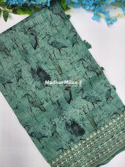 CHANDERI FLAMINGO EMBROIDERY WORK SAREE TEAL GREEN