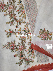 LENIN EMBROIDERY WORK SAREE CREAM RED