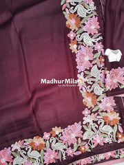 EMBROIDERY BORDER WORK TISSUE ORGANZA SAREE WINE