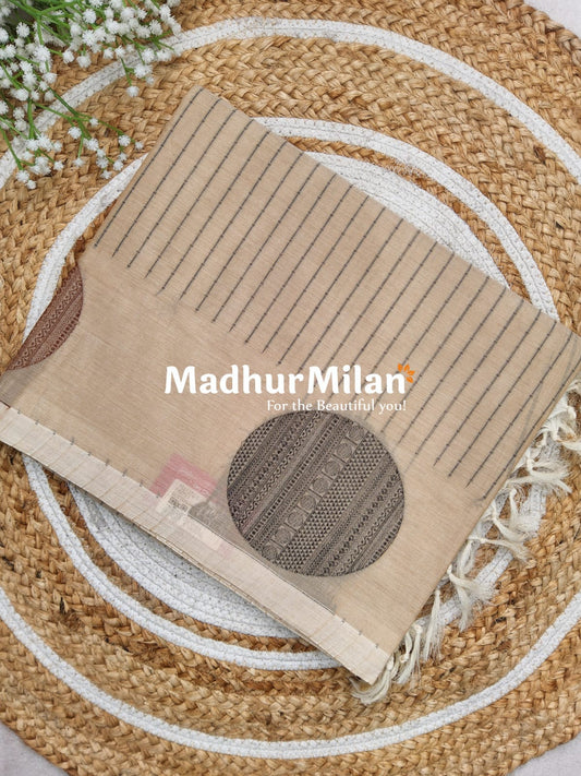 SUTI STRIPED BUTTA BORDER WEAVING COTTON SAREE BEIGE
