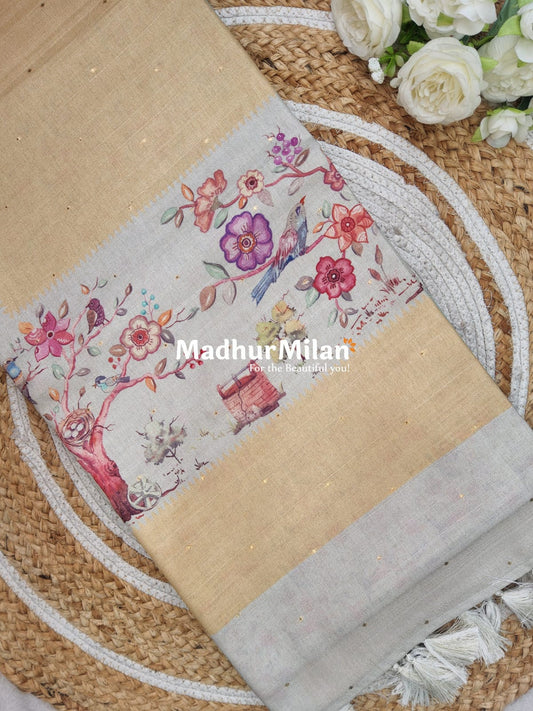 DIGITAL SEMI TUSSER SILK SAREE DUSTY YELLOW