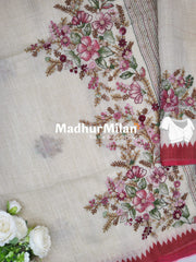 LENIN TISSUE EMBROIDERY WORK SAREE CREAM PINK