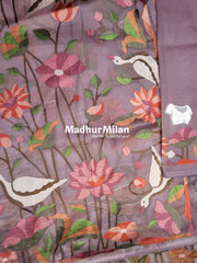 FLAMINGO EMBROIDERY WORK TISSUE ORGANZA SAREE DUSTY ROSE PINK