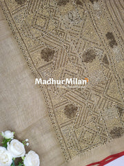 LENIN TISSUE EMBROIDERY WORK SAREE BEIGE