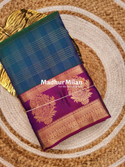 BENTEX BIT BUTTA 6 LINE CHECKS SAREE BORDER TEAL BLUE PURPLE