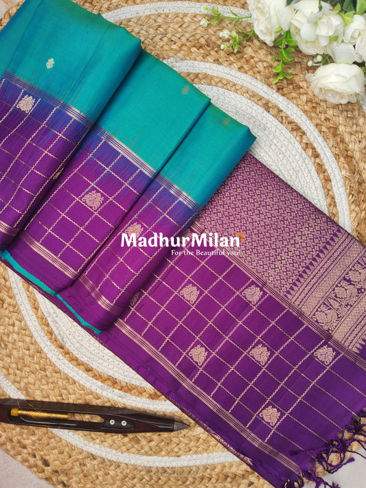 CHECKS BUTTA BORDER SOFT SILK SAREE RAMA PURPLE