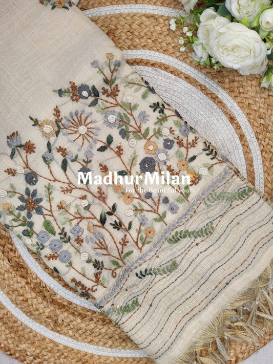 LENIN TISSUE EMBROIDERY WORK SAREE CREAM GREEN