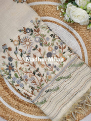 LENIN TISSUE EMBROIDERY WORK SAREE CREAM GREEN