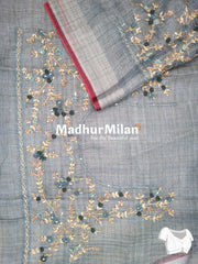 LENIN TISSUE EMBROIDERY WORK SAREE DUSTY DEEP GREEN