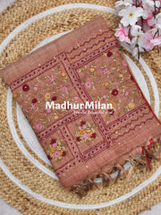 LENIN TISSUE EMBROIDERY WORK SAREE DUSTY RUST