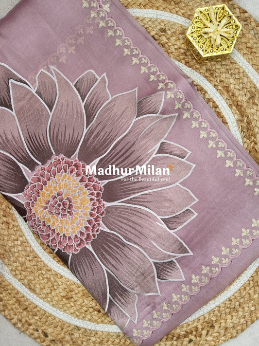 SUNFLOWER EMBROIDEY WORK TISSUE ORGANZA SAREE DUSTY ROSE PINK