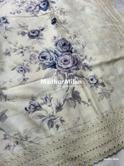 SEMI TUSSER FLORAL PRINTED BORDER EMBRIODERY SAREE - DUSTY BLUE