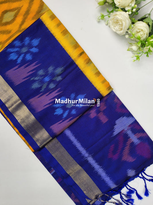 RUBY PATTOLA SILK TISSUE BORDER GOLD BLUE