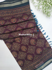 AJRAK PRINT KAJU SILK SAREE WINE