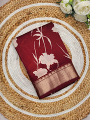FLORAL PRINT ASSAM SILK SAREE WHITE DEEP RUST