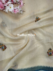 LENIN EMBROIDERY WORK SAREE CREAM DARK RAMA
