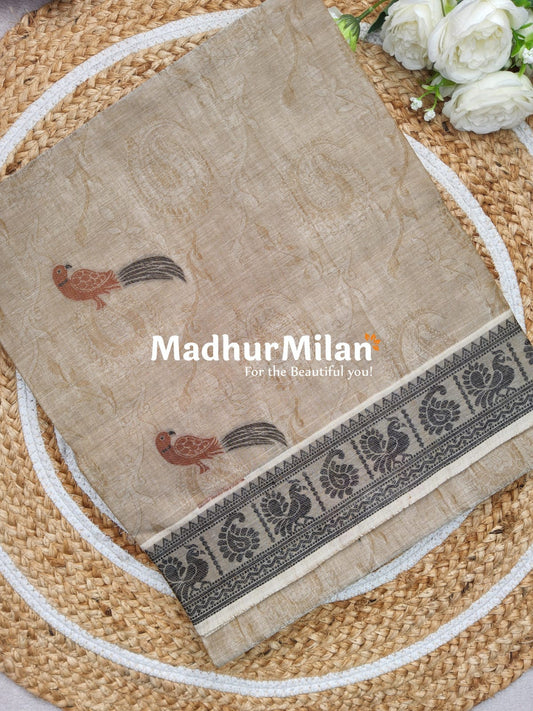 SUTI PARROT WEAVING BORDER COTTON SAREE BEIGE