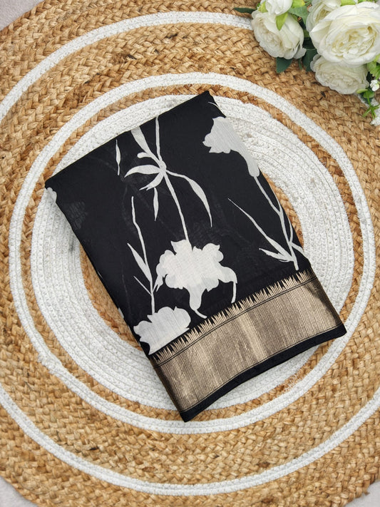FLORAL PRINT ASSAM SILK SAREE BLACK