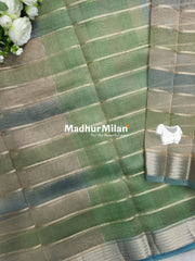 TISSUE ORGANZA STRIPE SAREE DUSTY RAMA GREEN