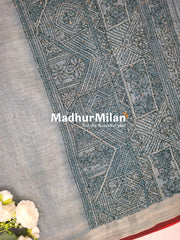 LENIN TISSUE EMBROIDERY WORK SAREE STEEL BLUE GREY