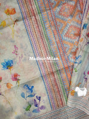 FLORAL KATHA LINE BORDER SEMI TUSSER SILK SAREE CREAM