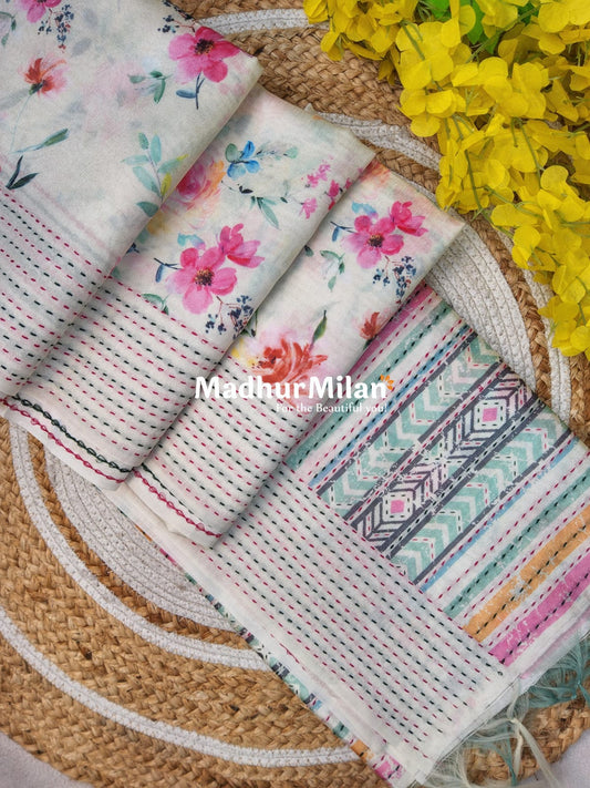 FLORAL KATHA LINE BORDER SEMI TUSSER SILK SAREE CREAM