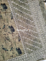 CHANDERI FLAMINGO EMBROIDERY WORK SAREE OLIVE