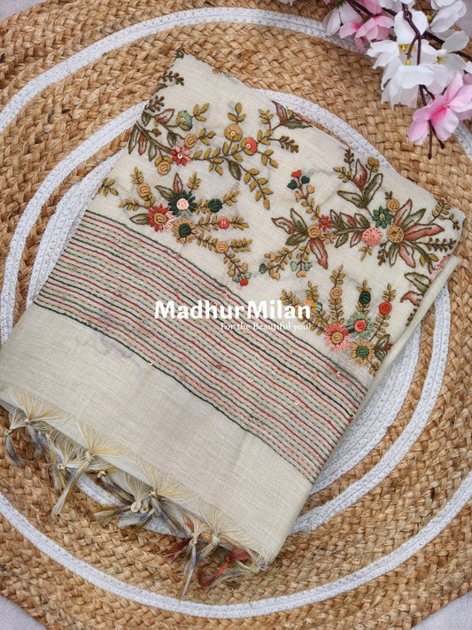 LENIN EMBROIDERY WORK SAREE CREAM RED