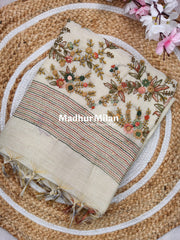 LENIN EMBROIDERY WORK SAREE CREAM RED