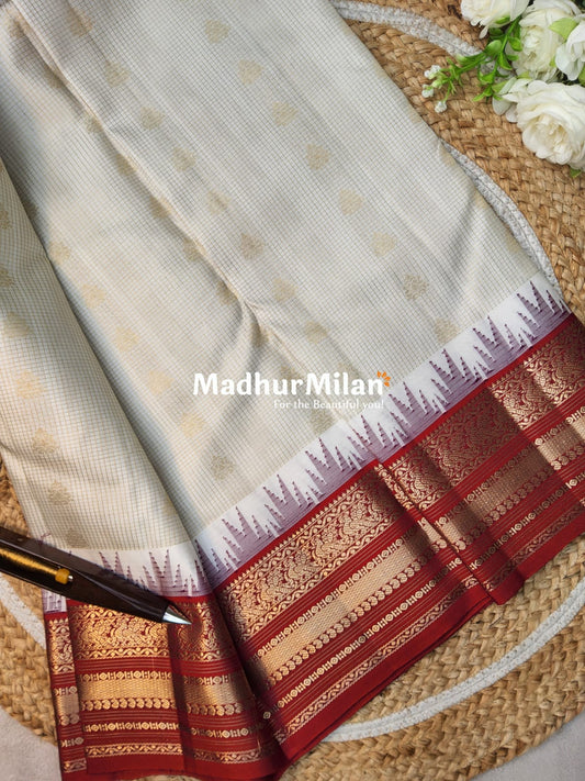 KANCHI BUTTA CHECKS BORDER SAREE CREAM RED