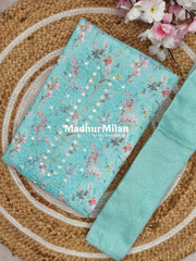 FLORAL LINEN UNSTITCHED SALWAR SUIT BLUE