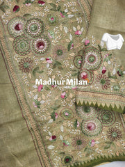 LENIN TISSUE EMBROIDERY WORK SAREE DUSTY GREEN