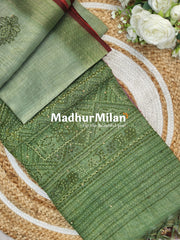LENIN TISSUE EMBROIDERY WORK SAREE GREEN