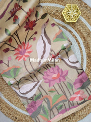 FLAMINGO EMBROIDERY WORK TISSUE ORGANZA SAREE DUSTY GOLD