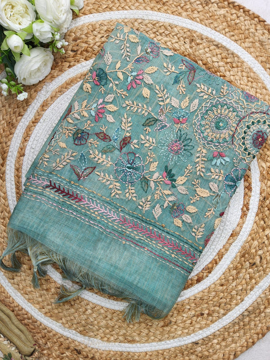 LENIN TISSUE EMBROIDERY WORK SAREE DUSTY RAMA