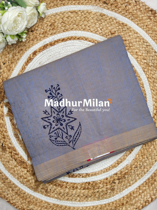 HANDPRINT COTTON SAREE GREY BLUE