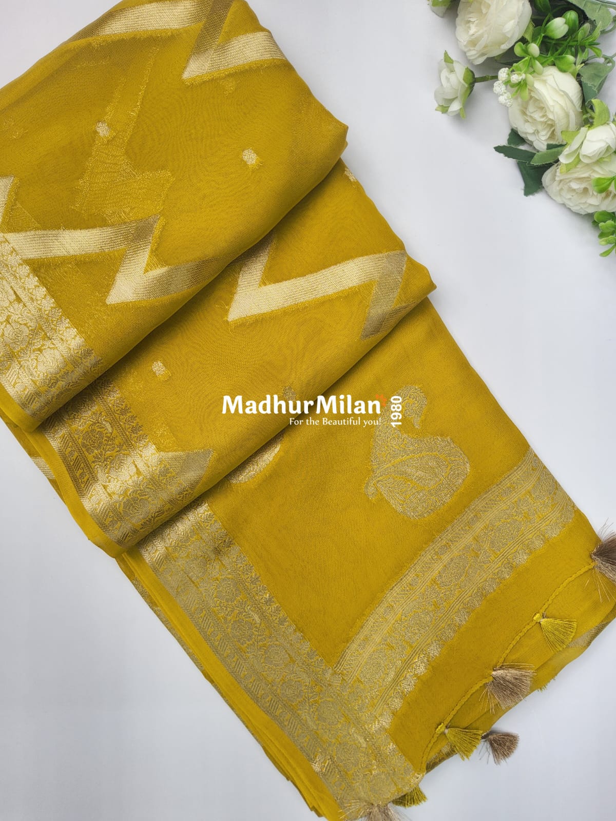 BANARASI ZIG ZAG RUSSIAN CREPE SAREE LEMON YELLOW