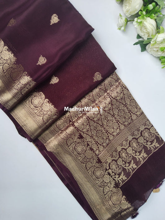 BANARASI BUTTA RUSSIAN CREPE SAREE WINE