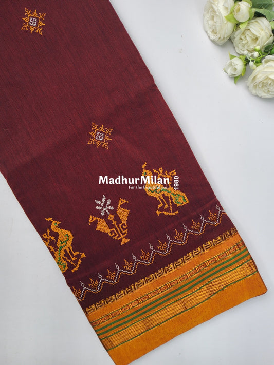 ILKAL PEACOCK KASUTHI WORK SAREE OIL RED
