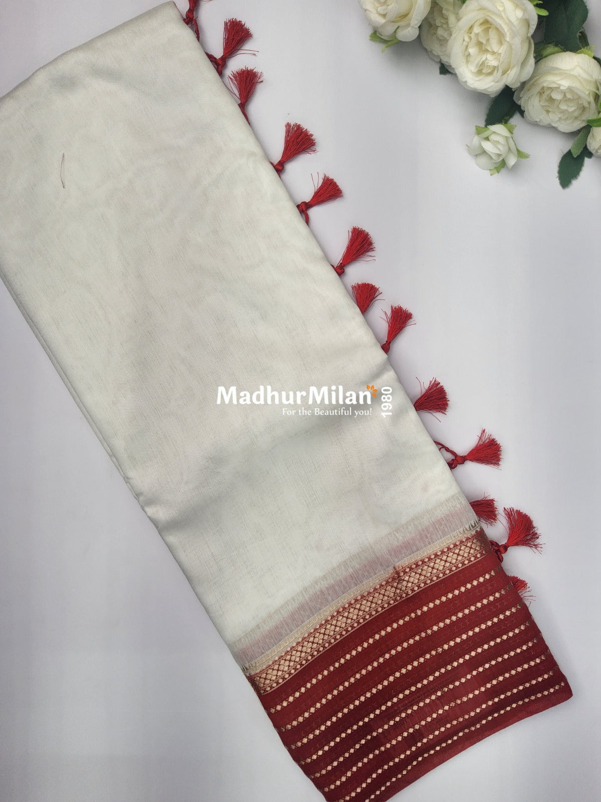 8 LINE BORDER ASSAM SILK SAREE WHITE RED