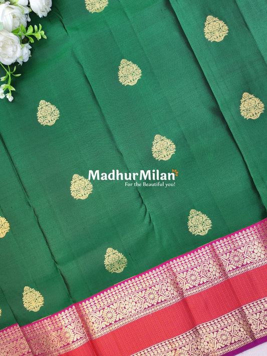 KANCHI BUTTA BENTEX BORDER SAREE GREEN PINK