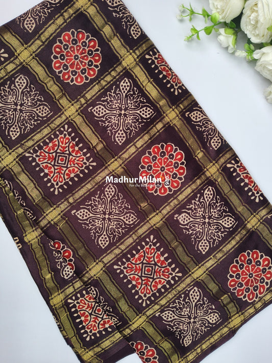 CHECKS AJRAKH PRINT GAJI MODAL SAREE CHOCOLATE BROWN