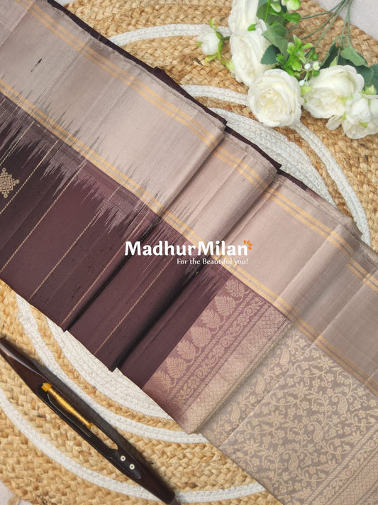 STRIPES BUTTA SOFT JUTE SLUB SILK SAREE BROWN BEIGE