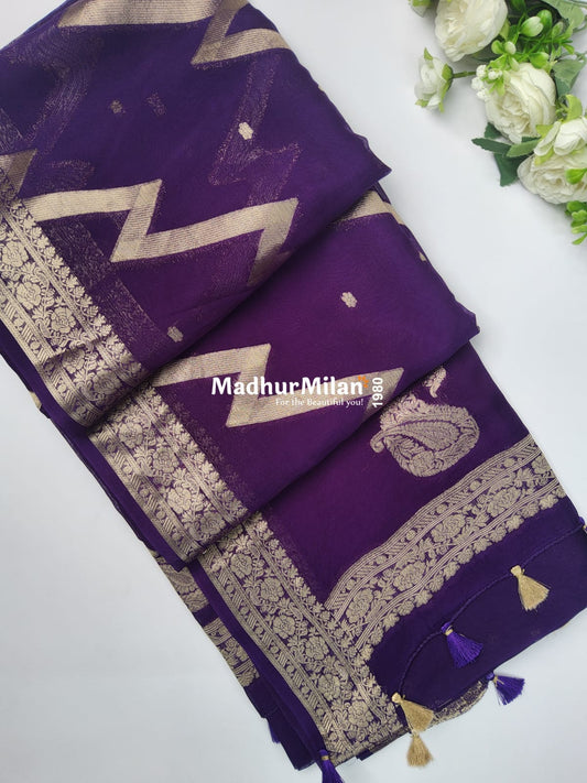 BANARASI ZIG ZAG RUSSIAN CREPE SAREE PURPLE