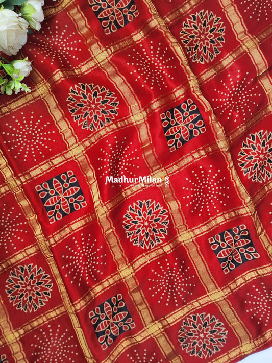 CHECKS AJRAKH PRINT GAJI MODAL SAREE RED