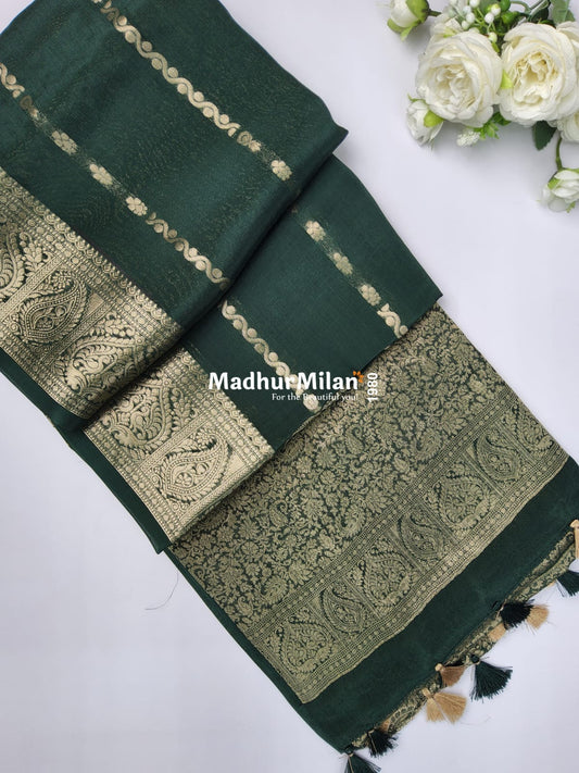BANARASI RUSSIAN CREPE SAREE DARK GREEN